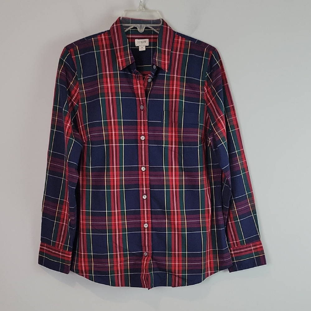 BT991 J. Crew button front shirt Red Navy Green Plaid